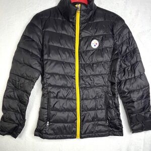 NFL Pittsburgh Steelers Puffer Jacket Women Small Black Yellow Quilt Zip Up